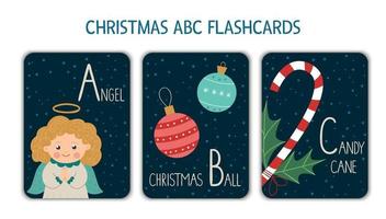 letras coloridas do alfabeto a, b, c. flashcard fonético. fofos cartões de abc com tema de Natal para o ensino de leitura com anjo engraçado, bola de natal, bastão de doces. atividade festiva de ano novo. vetor