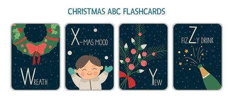 letras do alfabeto colorido w, x, y, z. flashcard fonético. fofos cartões de abc com tema de Natal para o ensino de leitura com engraçadinho, grinalda, champanhe, teixo. atividade festiva de ano novo. vetor