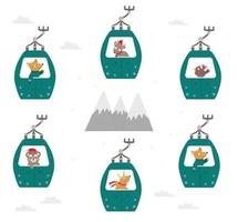 montanhas de vetor e teleféricos funiculares com animais engraçados dentro. ilustração de atividade de inverno fofa para crianças