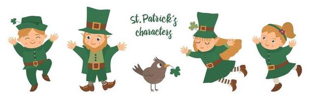 conjunto de vetores de st. personagens do dia de patrick. ícones do feriado nacional irlandês isolados no fundo branco. duende engraçado bonito em roupas verdes com fada e crianças