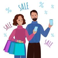 fofa homem e mulher dentro inverno roupas aguarde smartphones e Faz compras. vetor