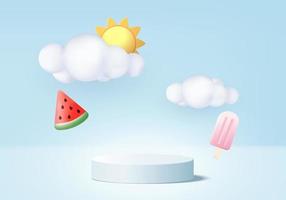 Cena de pódio de exibição de produto de fundo de verão 3D com plataforma em nuvem. fundo verão vetor 3d render com sol, sorvete, melancia no pódio. estande show de produto cosmético mostruário azul estúdio