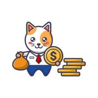 gato empresário com moeda de um dólar e uma bolsa de dinheiro vetor