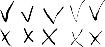 cruzes e marcas de seleção esboços vetoriais isolados. sim não ícones desenhando à mão um contorno preto vetor