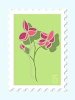 vetor desenhado à mão selo postal. vetor moderno design isolado de selo postal. ilustração em vetor de flores cor de rosa com folhas. selo. correios e correios