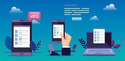 cartaz de votação com mão e dispositivos eletrônicos vetor