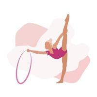 um desenho linear de uma ginasta. a garota está praticando ginástica com um arco. em um fundo abstrato. arte de linha vetor