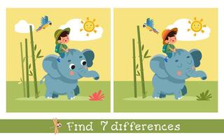 fofa desenho animado elefante e garoto. plano estilizado simples ilustração. encontrar 7 diferenças. educacional enigma jogos para crianças. gráficos vetor