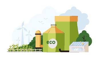 planta plana de produção de biocombustíveis com plantação de milharal. fábrica industrial ecológica. produção de biodiesel ou biogás energia de milho orgânico para biomassa. energia alternativa, indústria eco renovável. vetor