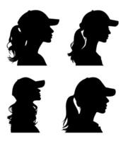 silhueta conjunto do perfil do bonita desportivo mulher com beisebol boné e pónei rabo ilustração vetor
