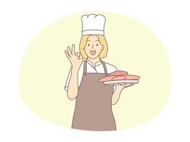 ilustração do fêmea chefe de cozinha declarando delicioso Comida vetor