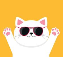 branco gato vestindo oculos escuros. legal à moda gato em amarelo fundo. fofa desenho animado personagem. ilustração vetor