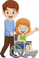 desenho animado Garoto encorajar uma menina dentro uma cadeira de rodas vetor