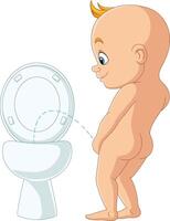 desenho animado bebê Garoto fazendo xixi dentro a banheiro vetor