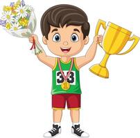 desenho animado pequeno Garoto segurando ouro troféu e ramalhete do flores vetor