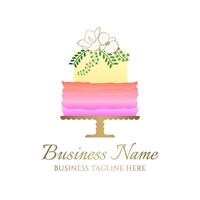 arco Iris bolo logotipo para padaria o negócio ou aniversário celebração festa dentro amarelo, laranja e Rosa gradiente cores e flores vetor
