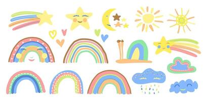 crianças arco-íris, sol, nuvem, lesma, Estrela e coração pastel mão desenhado ilustração vetor