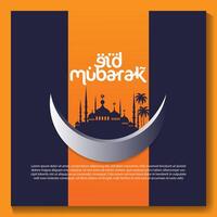 eid Mubarak poster com uma crescente lua e uma mesquita eid poster. vetor