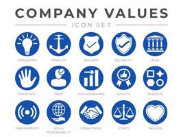 o negócio companhia valores volta ícone definir. inovação, estabilidade, segurança, confiabilidade, jurídico, sensibilidade, confiar, Alto padrão, qualidade, diversidade, compromisso, ética, paixão ícones. vetor