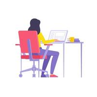 costas Visão moderno mulher trabalhando computador portátil navegando Internet local na rede Internet sentado às escrivaninha local de trabalho vetor