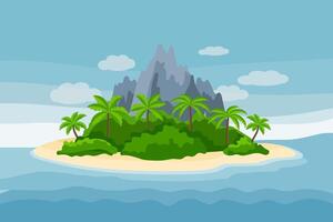 paisagem marítima, idílico paraíso ilha com Palma árvores e montanhas em a mar. ilustração, fundo vetor
