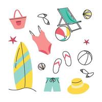 ilustração do colorida engraçado rabiscos do verão símbolos espreguiçadeira, roupa de banho, prancha de surfe, bola. coleção do desenho animado ícones com 1 linha. vetor