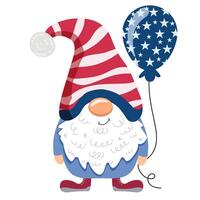 gnomo patriota EUA. a gnomo é segurando uma balão. gnomos comemoro a 4º do julho. ilustração vetor
