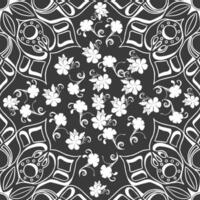 floral desatado padronizar com enfeites dentro Preto e branco, adequado para vários formulários tal Como desenhos para impressões em tecido, papel de parede, digital decoração vetor