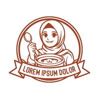hijab muçulmano menina mulheres com colher e caneca para cozinhando chefe de cozinha ou refeições Comida vetor