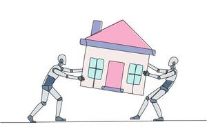 contínuo 1 linha desenhando dois emocional robô brigando sobre miniatura casa. a conceito do brigando para luxuoso casa este elas realmente querer. ai tech. solteiro linha desenhar Projeto ilustração vetor