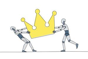 solteiro contínuo linha desenhando dois emocional robô brigando sobre a coroa. brigando para tornar-se a a maioria bem sucedido e respeitado robótico. conflito. ai tecnologia. 1 linha Projeto ilustração vetor