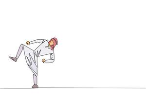 solteiro 1 linha desenhando árabe homem de negocios fazendo taekwondo movimentos. chutando movimento. Forte pernas. guardando o negócio com esporte. manter saudável fique Forte. contínuo linha Projeto gráfico ilustração vetor