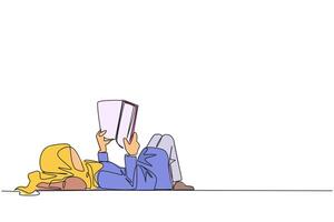 contínuo 1 linha desenhando árabe mulher deitado em costas lendo livro. lendo favorito quadrinho. grande ventilador do ficção livros. apreciar a enredo. lendo aumentar entendimento. solteiro linha desenhar ilustração vetor
