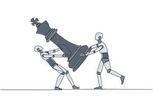 contínuo 1 linha desenhando dois Bravo robô luta sobre a grande rei xadrez peças. a metáfora do embaralhamento para Salve  uma o negócio de ajudando investidores. ai. solteiro linha desenhar Projeto ilustração vetor