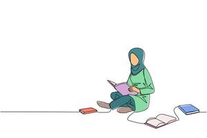 contínuo 1 linha desenhando árabe mulher sentado relaxar dentro biblioteca lendo muitos do livros. olhando para respostas para atribuições. passatempo leitura. livro festival conceito. solteiro linha desenhar ilustração vetor