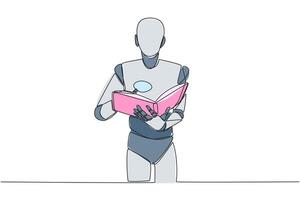 solteiro contínuo linha desenhando inteligente robô lendo livro enquanto segurando uma lupa. pequeno cartas este robôs não podes reconhecer sem ferramentas. olhando para algo. 1 linha Projeto ilustração vetor