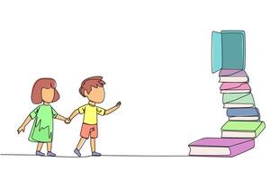 contínuo 1 linha desenhando crianças escalar a escadas a partir de a livro pilha. para a Largo aberto porta. metáfora do achando respostas a partir de livros. livro festival. solteiro linha desenhar Projeto ilustração vetor