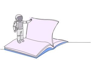 contínuo 1 linha desenhando astronauta em pé sobre aberto livro-razão girando página. ler lentamente para Compreendo conteúdo do cada página. lendo aumenta entendimento. solteiro linha desenhar Projeto ilustração vetor
