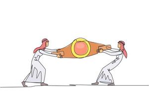 contínuo 1 linha desenhando dois árabe homem de negocios brigando sobre boxe cinto. luta para para estar a maior e mais forte homem de negocios. homem de negocios batalha. solteiro linha desenhar Projeto ilustração vetor