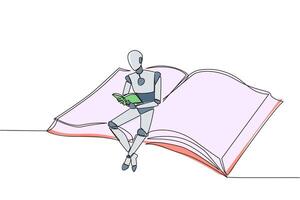 solteiro contínuo linha desenhando inteligente robô sentado lendo em ampla vôo livro. relaxar lendo gostar em uma tapete vôo para dentro a céu. futuro tecnologia desenvolvimento. 1 linha Projeto ilustração vetor