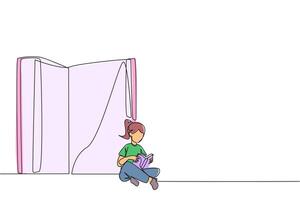 contínuo 1 linha desenhando mulher sentado dentro frente do uma grande aberto livro lendo uma livro. sério e foco Aprendendo aumenta entendimento. livro festival conceito. solteiro linha desenhar Projeto ilustração vetor