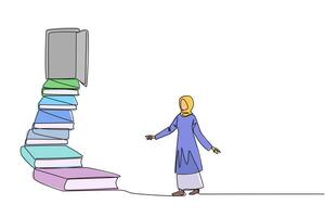 solteiro contínuo linha desenhando árabe mulher escalar escadas a partir de a livro pilha. para a Largo aberto porta. metáfora do achando a respostas a partir de livros. livro festival. 1 linha Projeto ilustração vetor