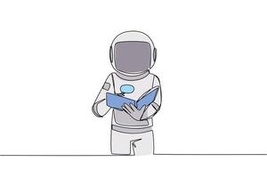 solteiro contínuo linha desenhando astronauta lendo livro enquanto segurando uma lupa. pequeno cartas este robôs não podes reconhecer sem ferramentas. olhando para algo. 1 linha Projeto ilustração vetor