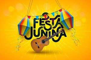 festa junina ilustração com acústico guitarra, festa bandeiras e papel lanterna em amarelo fundo. Brasil Junho são joao festival Projeto para cumprimento cartão, convite ou feriado poster. vetor