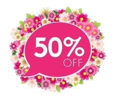 fofa venda rótulo. acima para 50. por cento fora desconto modelo. floral Rosa Projeto com 3d flores compras cupom. presente cartão conceito. publicidade Projeto. -50 por cento ícone. especial oferta promocional folheto vetor