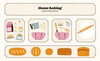 caseiro pão receita. cozimento ingredientes e ferramentas, tradicional Comida preparação processo, feito à mão padaria produtos. conjunto vetor