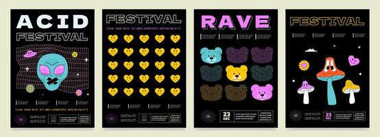 uma conjunto do psicodélico brilhante cartazes para uma delírio festival. estilo hippie impressão modelos. vetor