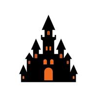 dia das Bruxas Horror Preto castelo com laranja luz janela e porta ícone plano ilustração vetor