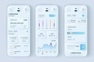 conjunto de modelos neumórficos do conceito de serviços financeiros. gerenciamento de contas financeiras e visualização de estatísticas. telas ui, ux, gui para aplicativos móveis responsivos. kit de desenho vetorial em estilo neumorfismo vetor