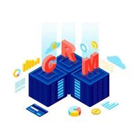 ilustração em vetor isométrica do sistema crm. software de gestão de relacionamento com o cliente. servidor crm, banco de dados, saas. armazenamento e análise de dados do cliente. estatística de comércio eletrônico, conceito 3D de automação de marketing